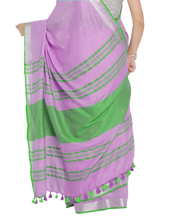 Plum_Purple-Green_women's_Bhagalpuri_Handloom_Cotton_Linen_Blend_Contrast_Pallu_Saree_And_Unstitched_Contrast_Blouse_Piece