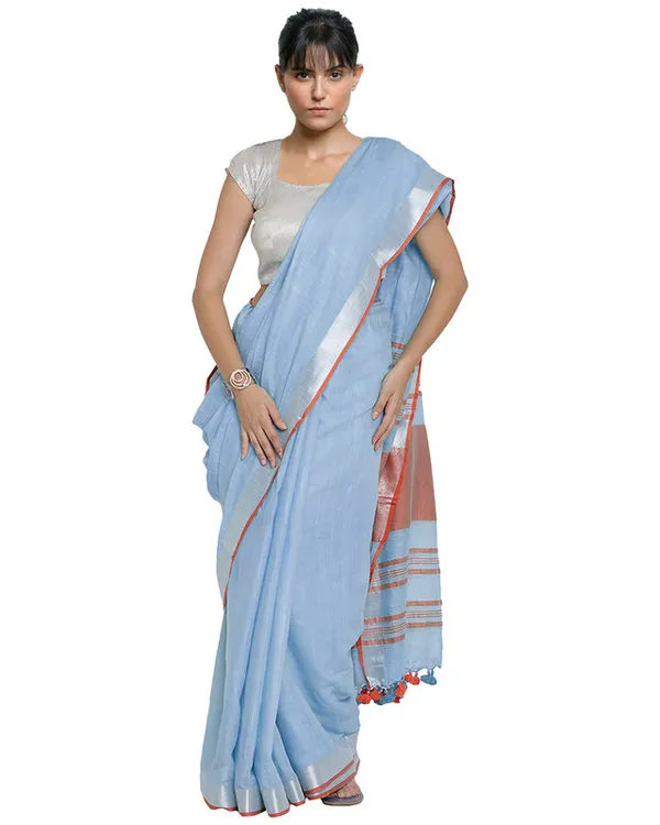 Powder_Blue-Orange_women's_Bhagalpuri_Handloom_Cotton_Linen_Blend_Contrast_Pallu_Saree_And_Unstitched_Contrast_Blouse_Piece