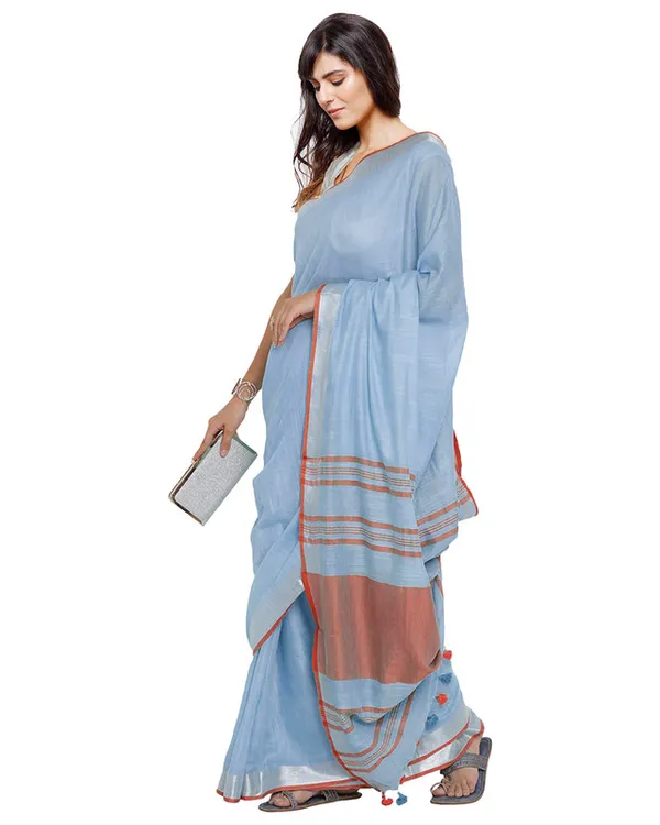 Powder_Blue-Orange_women's_Bhagalpuri_Handloom_Cotton_Linen_Blend_Contrast_Pallu_Saree_And_Unstitched_Contrast_Blouse_Piece