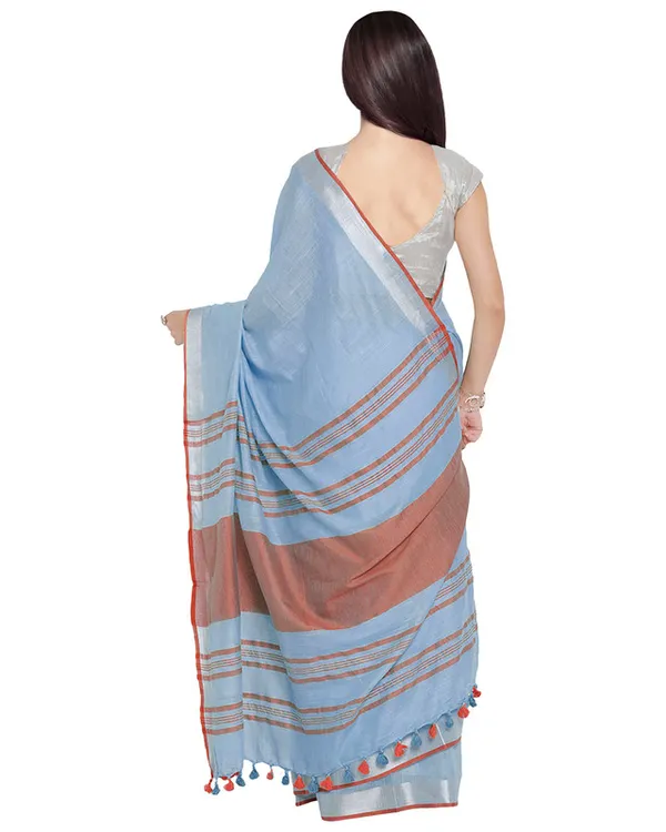 Powder_Blue-Orange_women's_Bhagalpuri_Handloom_Cotton_Linen_Blend_Contrast_Pallu_Saree_And_Unstitched_Contrast_Blouse_Piece