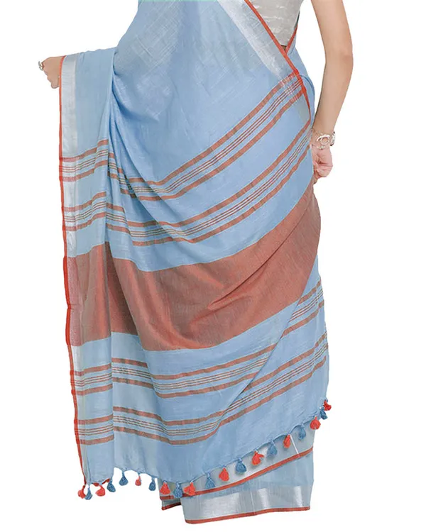 Powder_Blue-Orange_women's_Bhagalpuri_Handloom_Cotton_Linen_Blend_Contrast_Pallu_Saree_And_Unstitched_Contrast_Blouse_Piece