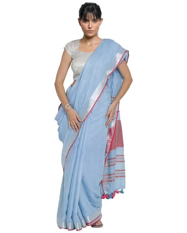 Powder_Blue-Pink_women's_Bhagalpuri_Handloom_Cotton_Linen_Blend_Contrast_Pallu_Saree_And_Unstitched_Contrast_Blouse_Piece