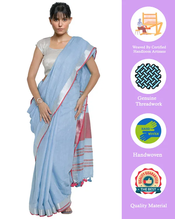 Powder_Blue-Pink_women's_Bhagalpuri_Handloom_Cotton_Linen_Blend_Contrast_Pallu_Saree_And_Unstitched_Contrast_Blouse_Piece