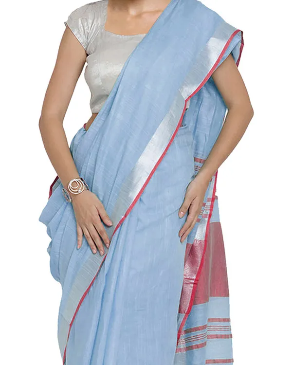 Powder_Blue-Pink_women's_Bhagalpuri_Handloom_Cotton_Linen_Blend_Contrast_Pallu_Saree_And_Unstitched_Contrast_Blouse_Piece
