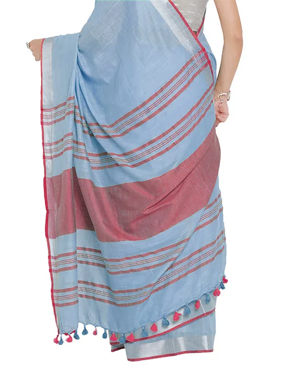 Powder_Blue-Pink_women's_Bhagalpuri_Handloom_Cotton_Linen_Blend_Contrast_Pallu_Saree_And_Unstitched_Contrast_Blouse_Piece