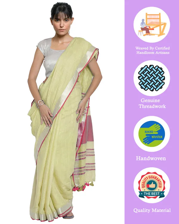 Primrose_Yellow-Pink_women's_Bhagalpuri_Handloom_Cotton_Linen_Blend_Contrast_Pallu_Saree_And_Unstitched_Contrast_Blouse_Piece