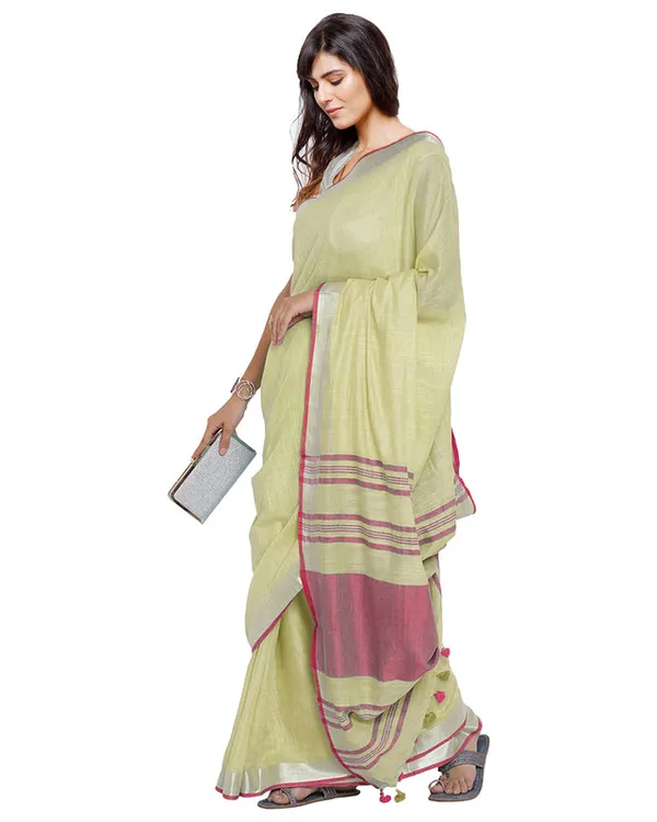 Primrose_Yellow-Pink_women's_Bhagalpuri_Handloom_Cotton_Linen_Blend_Contrast_Pallu_Saree_And_Unstitched_Contrast_Blouse_Piece