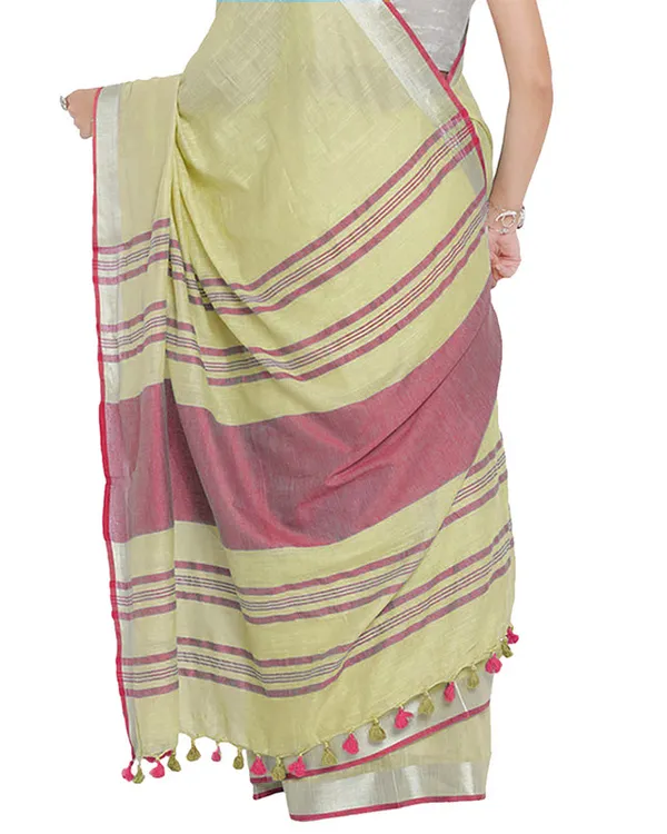 Primrose_Yellow-Pink_women's_Bhagalpuri_Handloom_Cotton_Linen_Blend_Contrast_Pallu_Saree_And_Unstitched_Contrast_Blouse_Piece