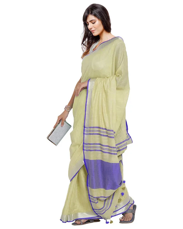 Primrose_Yellow-Blue_women's_Bhagalpuri_Handloom_Cotton_Linen_Blend_Contrast_Pallu_Saree_And_Unstitched_Contrast_Blouse_Piece