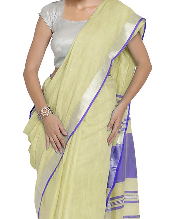Primrose_Yellow-Blue_women's_Bhagalpuri_Handloom_Cotton_Linen_Blend_Contrast_Pallu_Saree_And_Unstitched_Contrast_Blouse_Piece