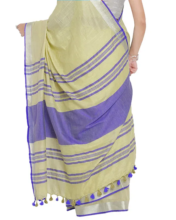 Primrose_Yellow-Blue_women's_Bhagalpuri_Handloom_Cotton_Linen_Blend_Contrast_Pallu_Saree_And_Unstitched_Contrast_Blouse_Piece