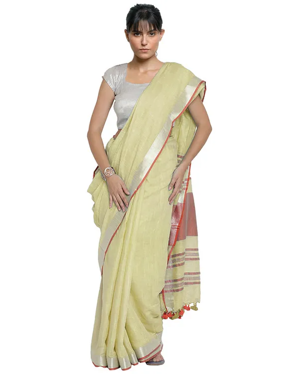 Primrose_Yellow-Red_women's_Bhagalpuri_Handloom_Cotton_Linen_Blend_Contrast_Pallu_Saree_And_Unstitched_Contrast_Blouse_Piece