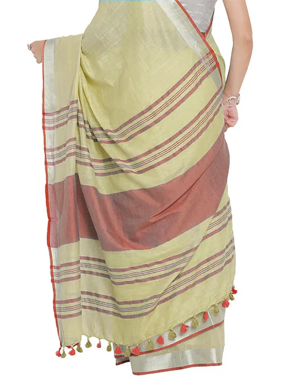 Primrose_Yellow-Red_women's_Bhagalpuri_Handloom_Cotton_Linen_Blend_Contrast_Pallu_Saree_And_Unstitched_Contrast_Blouse_Piece