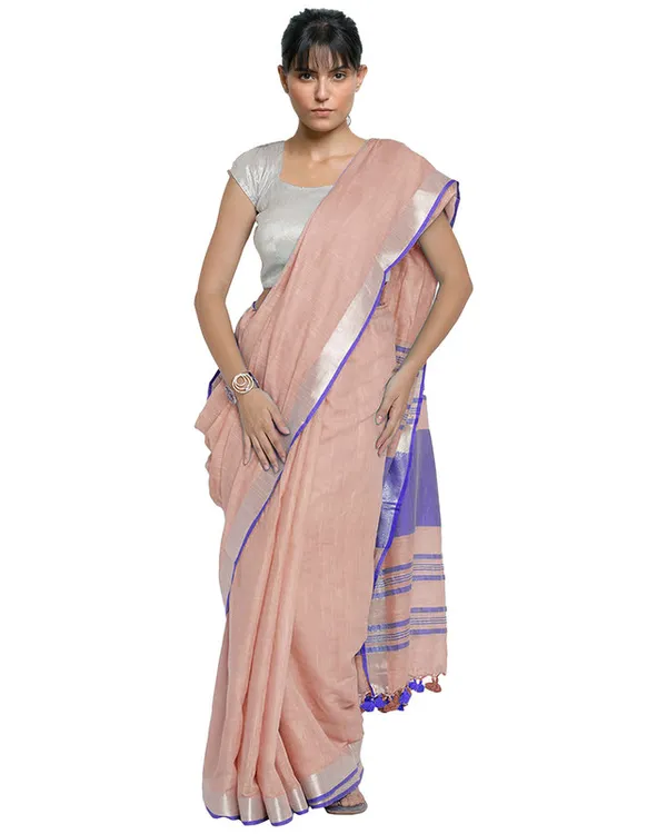 Tea_Rose_Pink-Blue_women's_Bhagalpuri_Handloom_Cotton_Linen_Blend_Contrast_Pallu_Saree_And_Unstitched_Contrast_Blouse_Piece