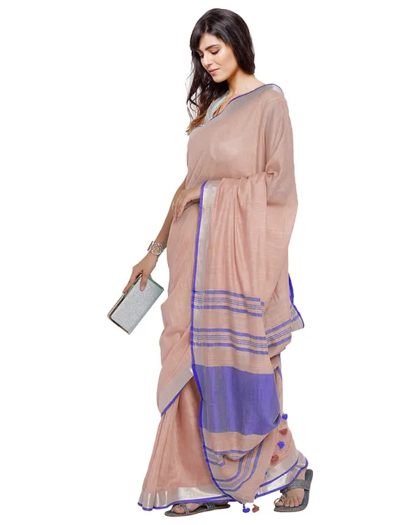 Tea_Rose_Pink-Blue_women's_Bhagalpuri_Handloom_Cotton_Linen_Blend_Contrast_Pallu_Saree_And_Unstitched_Contrast_Blouse_Piece