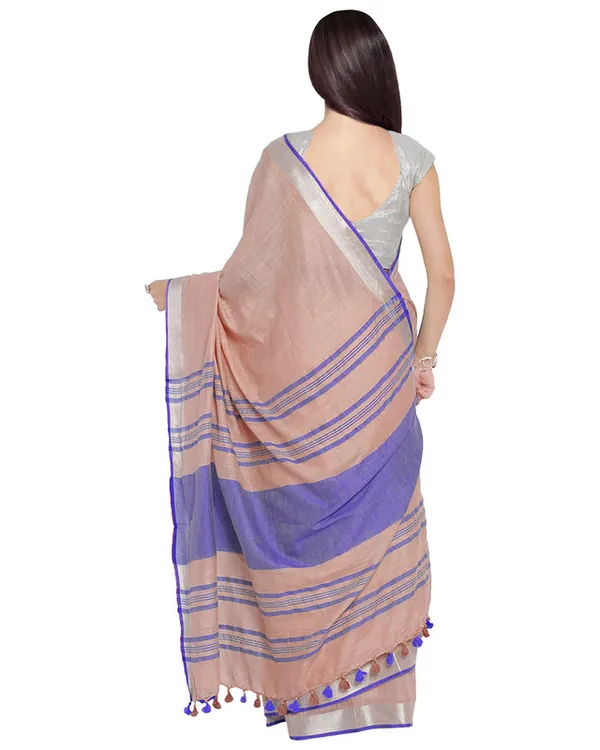 Tea_Rose_Pink-Blue_women's_Bhagalpuri_Handloom_Cotton_Linen_Blend_Contrast_Pallu_Saree_And_Unstitched_Contrast_Blouse_Piece