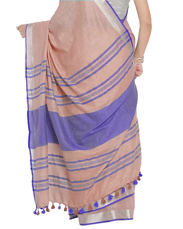 Tea_Rose_Pink-Blue_women's_Bhagalpuri_Handloom_Cotton_Linen_Blend_Contrast_Pallu_Saree_And_Unstitched_Contrast_Blouse_Piece
