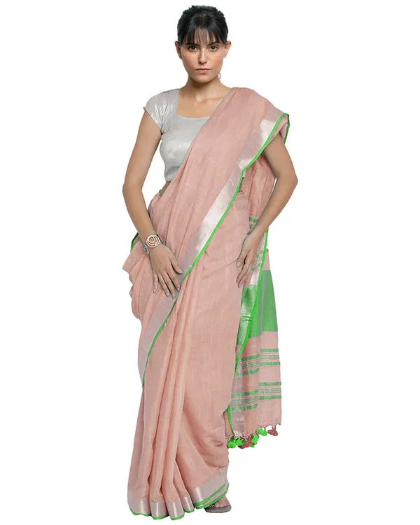 Tea_Rose_Pink-Green_women's_Bhagalpuri_Handloom_Cotton_Linen_Blend_Contrast_Pallu_Saree_And_Unstitched_Contrast_Blouse_Piece
