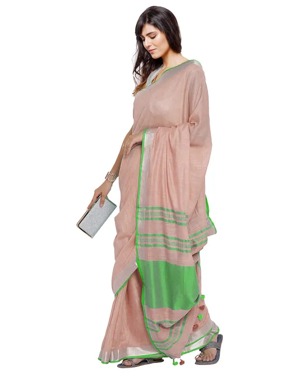 Tea_Rose_Pink-Green_women's_Bhagalpuri_Handloom_Cotton_Linen_Blend_Contrast_Pallu_Saree_And_Unstitched_Contrast_Blouse_Piece