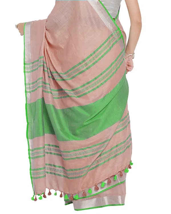 Tea_Rose_Pink-Green_women's_Bhagalpuri_Handloom_Cotton_Linen_Blend_Contrast_Pallu_Saree_And_Unstitched_Contrast_Blouse_Piece
