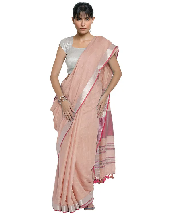 Tea_Rose_Pink-Pink_women's_Bhagalpuri_Handloom_Cotton_Linen_Blend_Contrast_Pallu_Saree_And_Unstitched_Contrast_Blouse_Piece