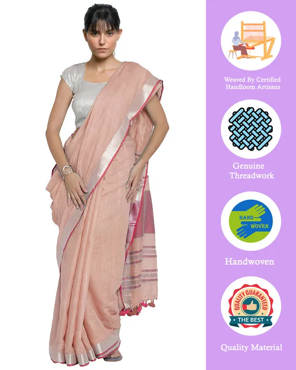 Tea_Rose_Pink-Pink_women's_Bhagalpuri_Handloom_Cotton_Linen_Blend_Contrast_Pallu_Saree_And_Unstitched_Contrast_Blouse_Piece