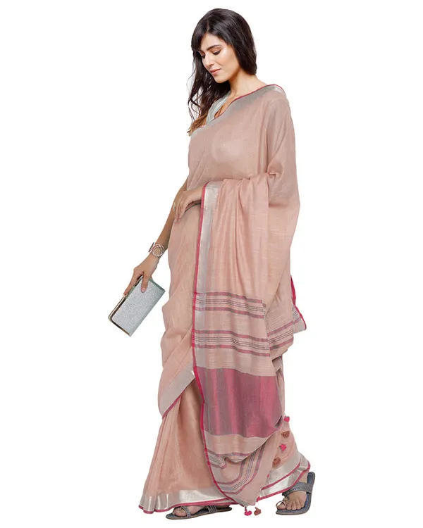 Tea_Rose_Pink-Pink_women's_Bhagalpuri_Handloom_Cotton_Linen_Blend_Contrast_Pallu_Saree_And_Unstitched_Contrast_Blouse_Piece