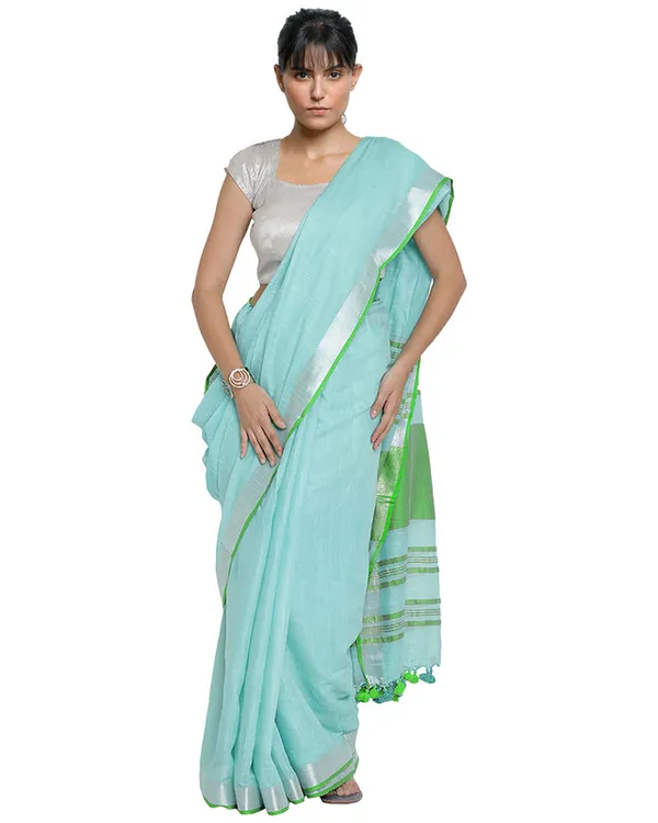 Tiffany_Blue-Green_women's_Bhagalpuri_Handloom_Cotton_Linen_Blend_Contrast_Pallu_Saree_And_Unstitched_Contrast_Blouse_Piece