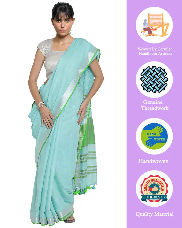 Tiffany_Blue-Green_women's_Bhagalpuri_Handloom_Cotton_Linen_Blend_Contrast_Pallu_Saree_And_Unstitched_Contrast_Blouse_Piece