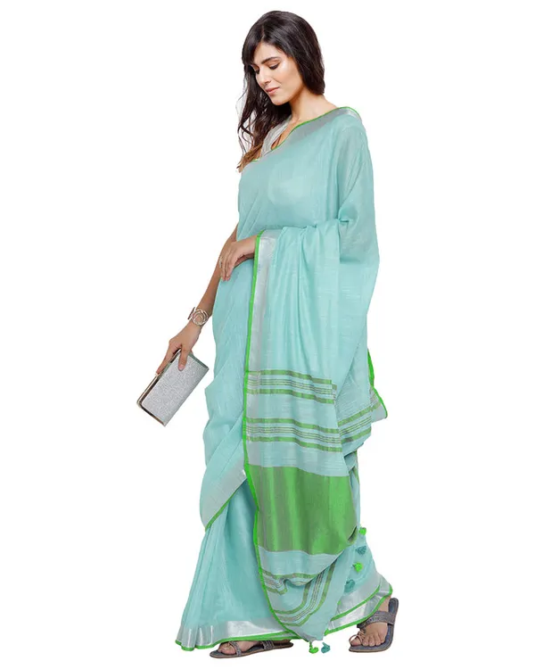 Tiffany_Blue-Green_women's_Bhagalpuri_Handloom_Cotton_Linen_Blend_Contrast_Pallu_Saree_And_Unstitched_Contrast_Blouse_Piece