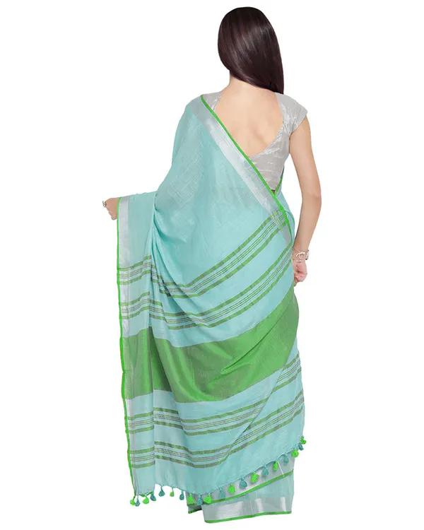 Tiffany_Blue-Green_women's_Bhagalpuri_Handloom_Cotton_Linen_Blend_Contrast_Pallu_Saree_And_Unstitched_Contrast_Blouse_Piece