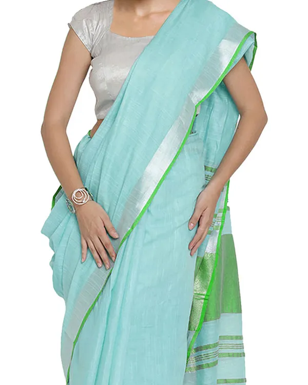 Tiffany_Blue-Green_women's_Bhagalpuri_Handloom_Cotton_Linen_Blend_Contrast_Pallu_Saree_And_Unstitched_Contrast_Blouse_Piece