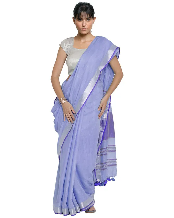 Tropical_Indigo-Blue_women's_Bhagalpuri_Handloom_Cotton_Linen_Blend_Contrast_Pallu_Saree_And_Unstitched_Contrast_Blouse_Piece