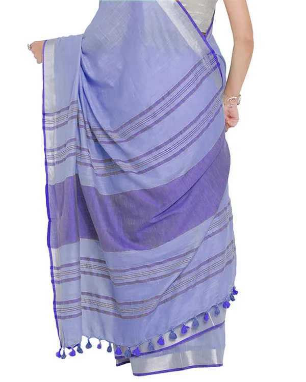 Tropical_Indigo-Blue_women's_Bhagalpuri_Handloom_Cotton_Linen_Blend_Contrast_Pallu_Saree_And_Unstitched_Contrast_Blouse_Piece