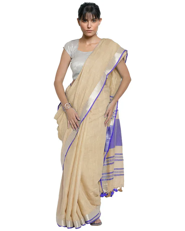 Vanilla_Tan-Blue_women's_Bhagalpuri_Handloom_Cotton_Linen_Blend_Contrast_Pallu_Saree_And_Unstitched_Contrast_Blouse_Piece