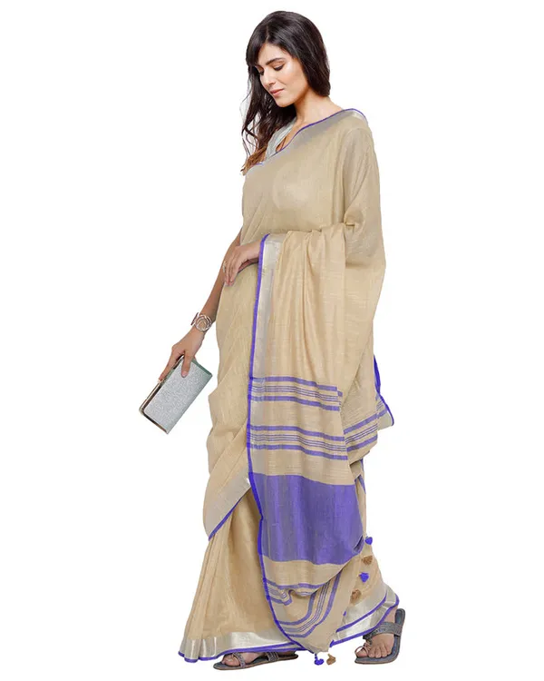 Vanilla_Tan-Blue_women's_Bhagalpuri_Handloom_Cotton_Linen_Blend_Contrast_Pallu_Saree_And_Unstitched_Contrast_Blouse_Piece