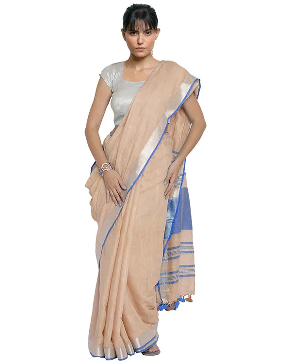 Bhagalpuri_Handloom_Cotton_Linen_Blend_Contrast_Pallu_Saree_And_Unstitched_Contrast_Blouse_Piece