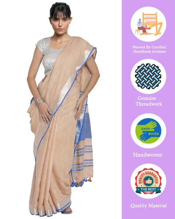 Bhagalpuri_Handloom_Cotton_Linen_Blend_Contrast_Pallu_Saree_And_Unstitched_Contrast_Blouse_Piece