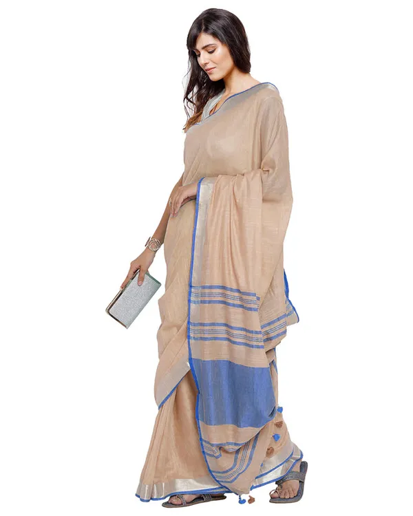 Bhagalpuri_Handloom_Cotton_Linen_Blend_Contrast_Pallu_Saree_And_Unstitched_Contrast_Blouse_Piece