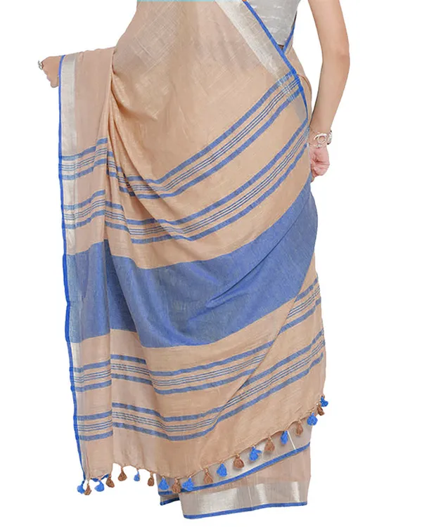 Bhagalpuri_Handloom_Cotton_Linen_Blend_Contrast_Pallu_Saree_And_Unstitched_Contrast_Blouse_Piece