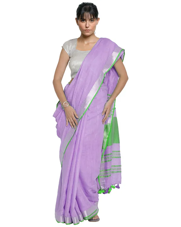 Wisteria_Purple-Green_women's__Bhagalpuri_Handloom_Cotton_Linen_Blend_Contrast_Pallu_Saree_And_Unstitched_Contrast_Blouse_Piece