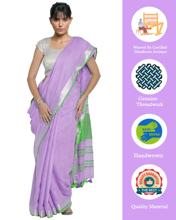 Wisteria_Purple-Green_women's__Bhagalpuri_Handloom_Cotton_Linen_Blend_Contrast_Pallu_Saree_And_Unstitched_Contrast_Blouse_Piece