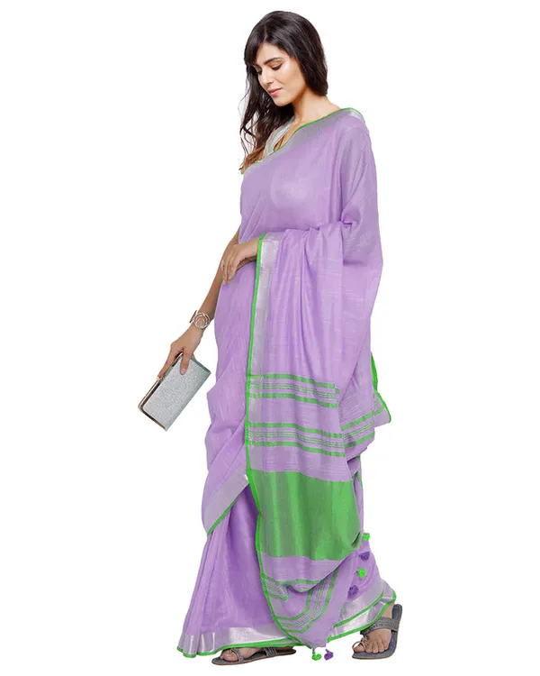 Wisteria_Purple-Green_women's__Bhagalpuri_Handloom_Cotton_Linen_Blend_Contrast_Pallu_Saree_And_Unstitched_Contrast_Blouse_Piece