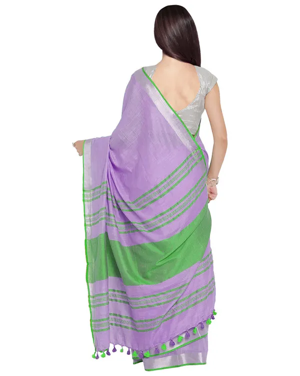 Wisteria_Purple-Green_women's__Bhagalpuri_Handloom_Cotton_Linen_Blend_Contrast_Pallu_Saree_And_Unstitched_Contrast_Blouse_Piece