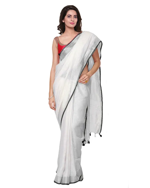Black_women's_Bhagalpuri_Handloom_Linen_Cotton_Blend_White_Saree_With_Silver_Zari_Border_And_Contrast_Unstitched_Blouse_Piece