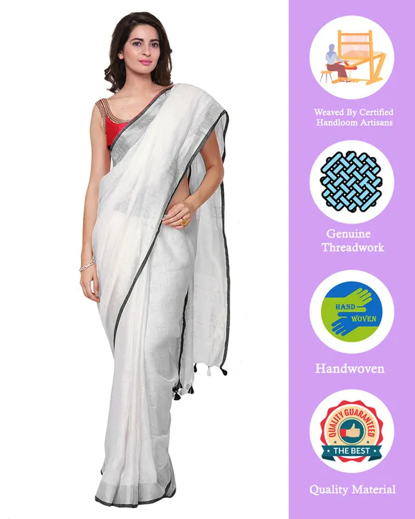 Black_women's_Bhagalpuri_Handloom_Linen_Cotton_Blend_White_Saree_With_Silver_Zari_Border_And_Contrast_Unstitched_Blouse_Piece
