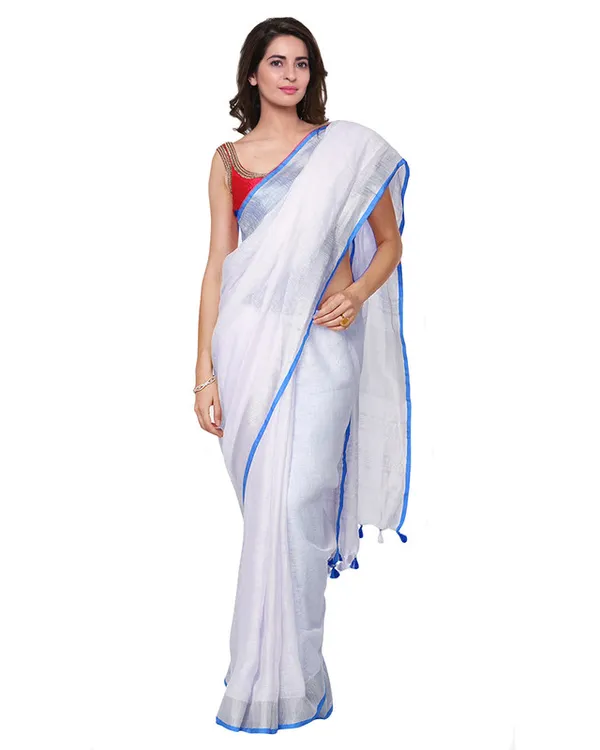 Cyan_women's_Bhagalpuri_Handloom_Linen_Cotton_Blend_White_Saree_With_Silver_Zari_Border_And_Contrast_Unstitched_Blouse_Piece