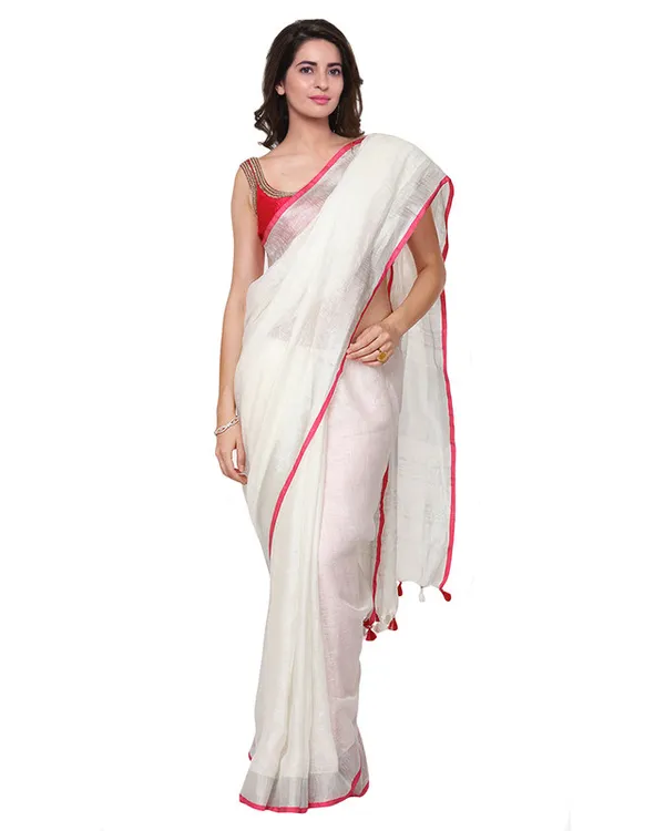 Bhagalpuri_Handloom_Linen_Cotton_Blend_White_Saree_With_Silver_Zari_Border_And_Contrast_Unstitched_Blouse_Piece