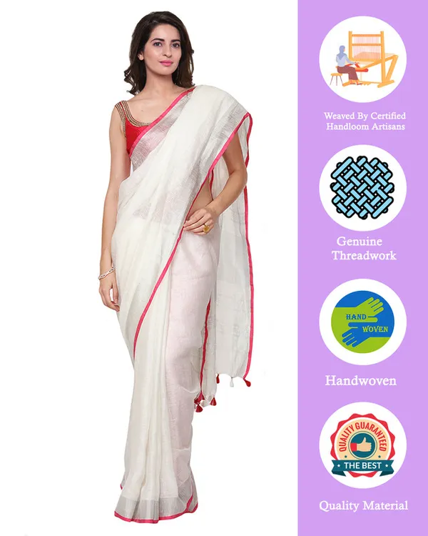 Bhagalpuri_Handloom_Linen_Cotton_Blend_White_Saree_With_Silver_Zari_Border_And_Contrast_Unstitched_Blouse_Piece