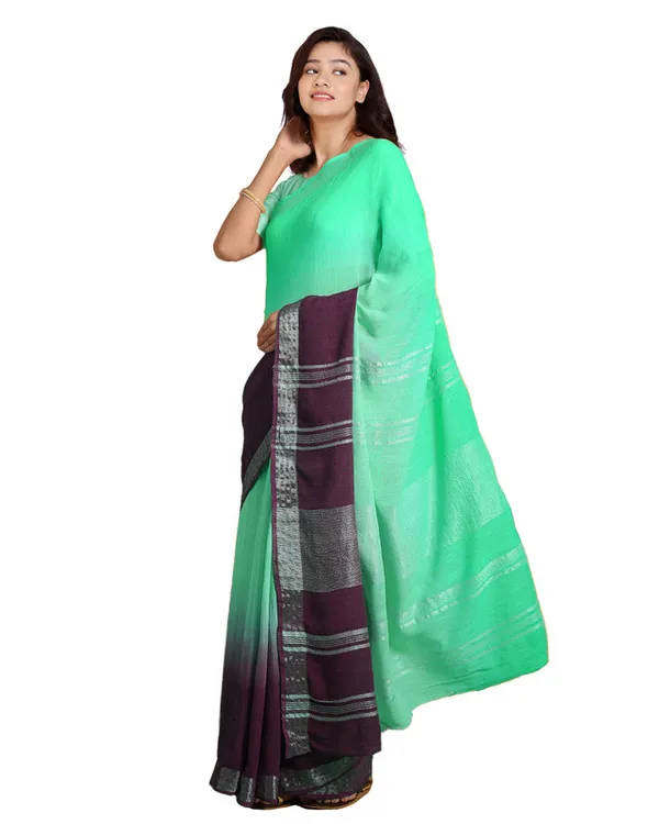 Aquamarine_Turquoise_&_Byzantium_Purple_women's_Bhagalpuri_Handloom_Linen_Cotton_Blend_Two_Dye_Saree_With_Running_Unstitched_Blouse_Piece